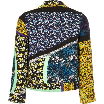 Girls blue floral print bomber jacket